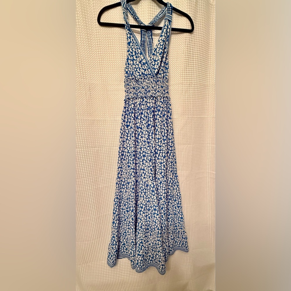 Max Studio Blue and White Floral Halter Maxi Dress
